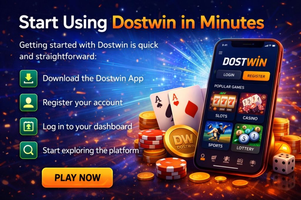 Start using Dostwin in minutes banner showing steps to download app, register, login and explore platform