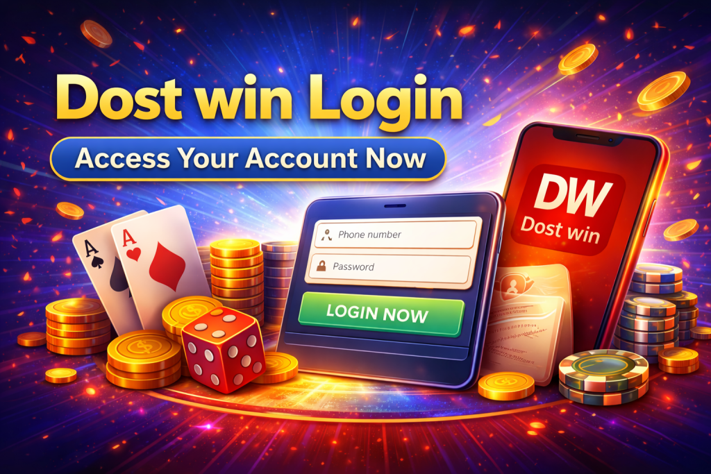 Dost win login banner showing access your account now with mobile app login interface